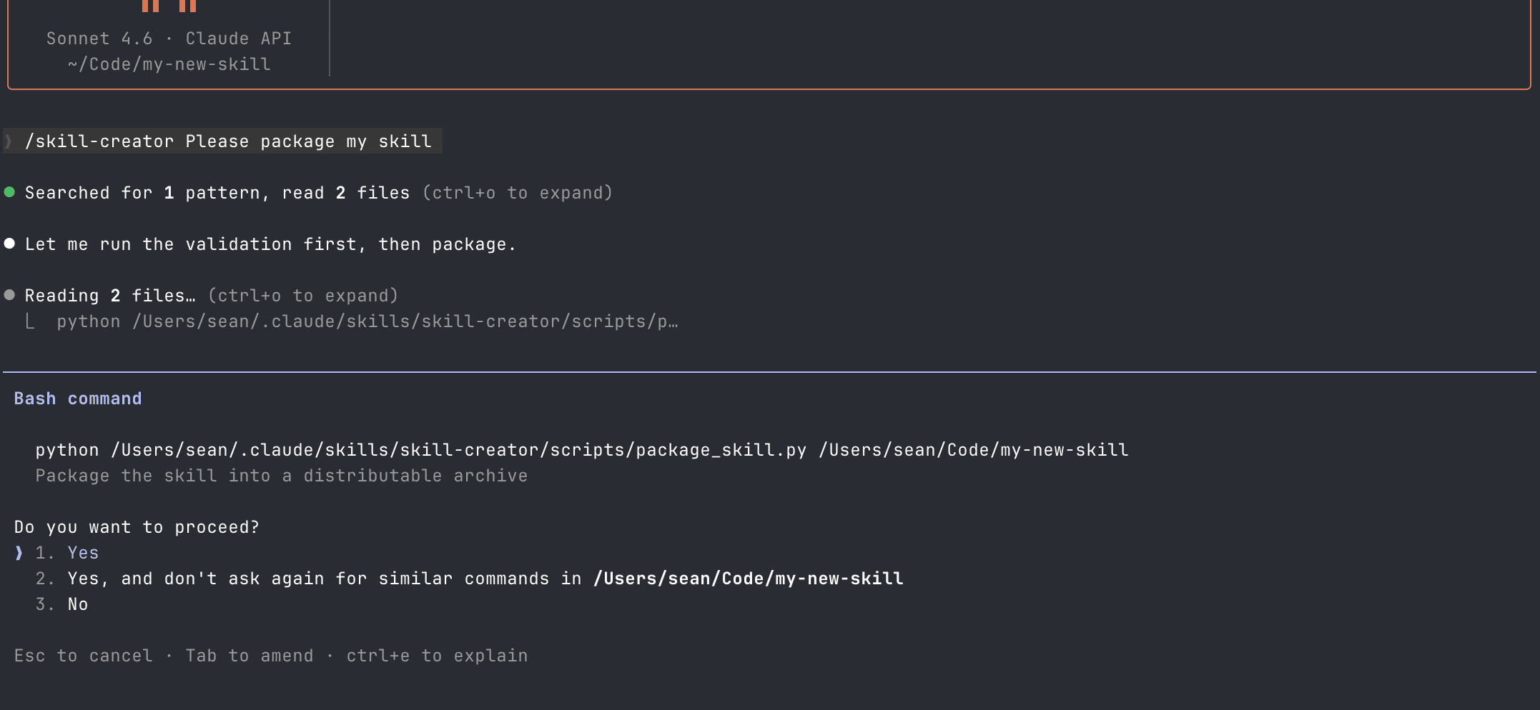 Claude Code requests permission to run the script. No content warning, no flag on the outbound request